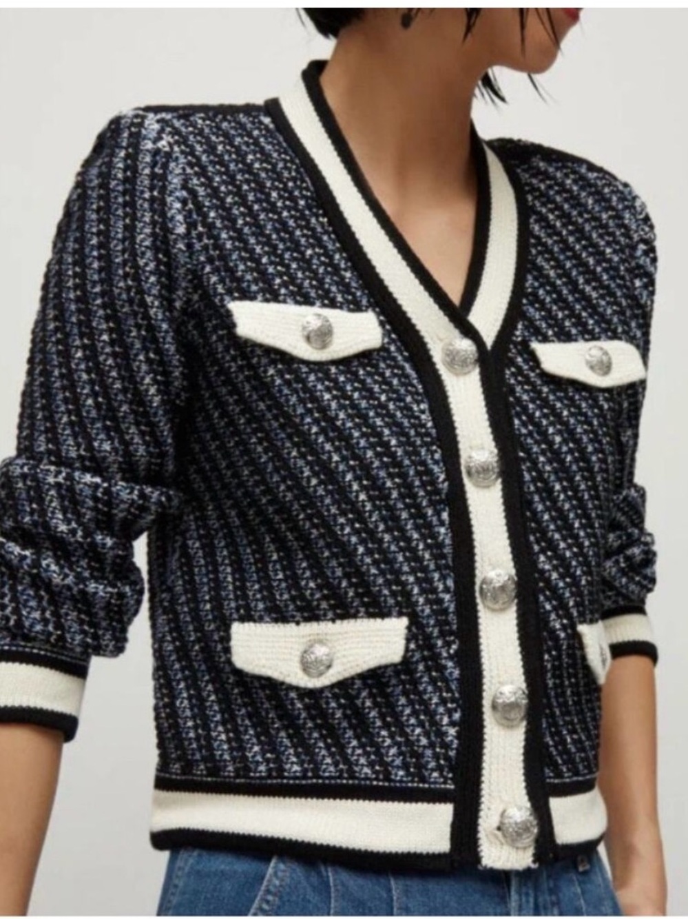 Veronica Beard Navy and White Tweed Cardigan